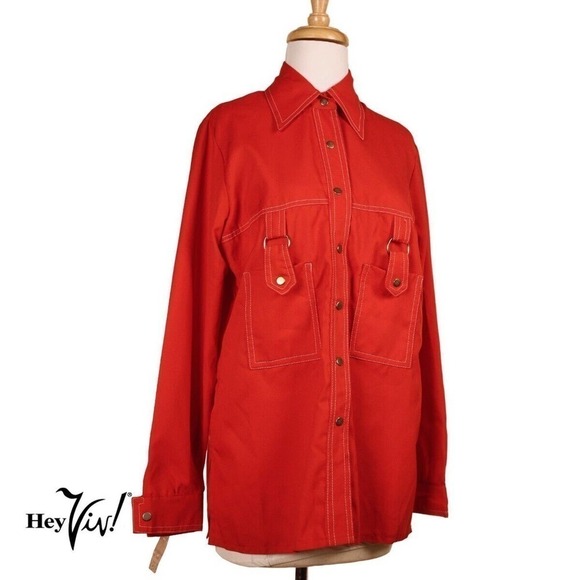 Vintage 60s Dress Barn Snap Front Red Blouse 14 Top Stitching Paper Tag -Hey Viv - Picture 1 of 7
